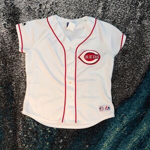 Woman’s White and Red Baseball Shirt Reds